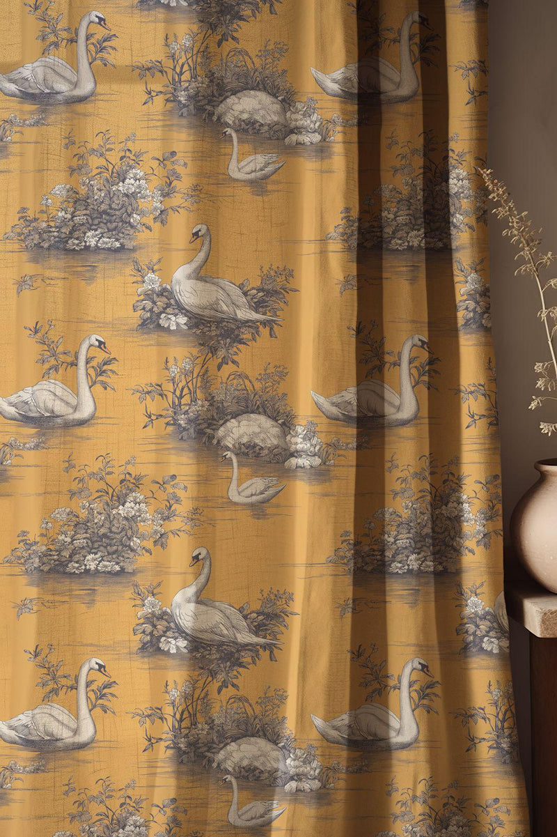 Vintage Swan Linen Curtain, Mustard Yellow Toile Window Panel, Custom Size
