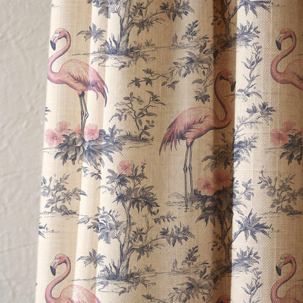 Pink Flamingo Toile Linen Curtain, Blue And White Tropical Window Panel, Custom Size