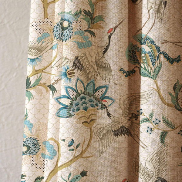 Chinoiserie Crane & Floral Linen Curtain, Oriental Bird Window Panel, Custom Size