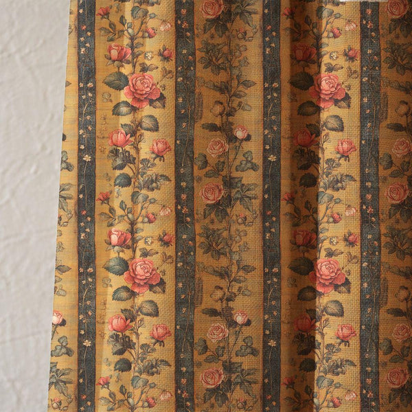 Vintage Floral Rose Linen Curtain, Yellow And Blue Stripe Window Panel, Custom Size