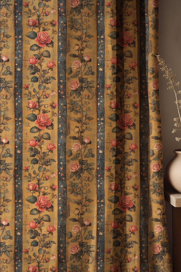 Vintage Floral Rose Linen Curtain, Yellow And Blue Stripe Window Panel, Custom Size