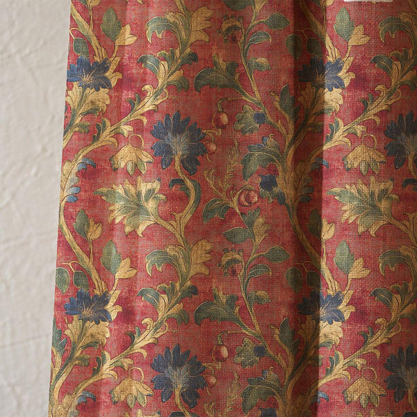 Red Floral Damask Linen Curtain, Arts And Crafts Style Window Panel, Custom Size