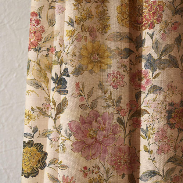 Vintage Floral Garden Linen Curtain, Pink And Yellow Botanical Design Window Panel, Custom Size