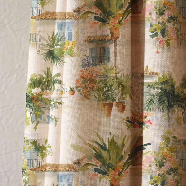Mediterranean Villa Linen Curtain, Coastal Palm Print Window Panel, Custom Size