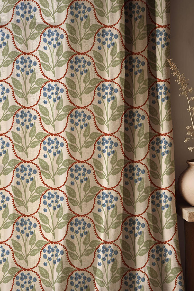 Blueberry Leaf Linen Curtain, Farmhouse Botanical Print, Custom Size
