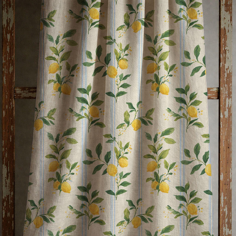 Mediterranean Lemon Linen Curtain, Blue Striped Citrus Window Panel, Custom Size