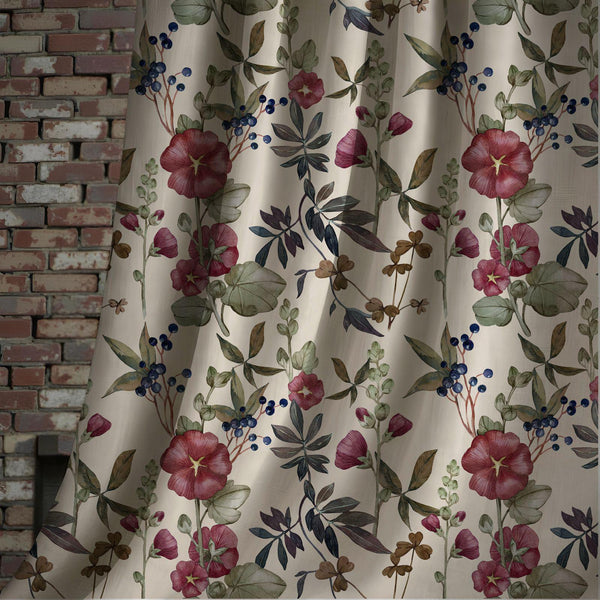 Vintage Botanical Berry Linen Curtain, Maroon Flower Design Window Panel, Custom Size