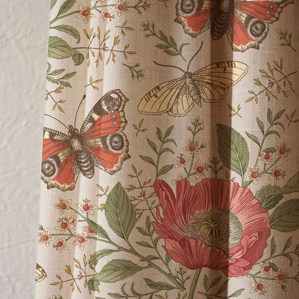 Vintage Butterfly And Poppy Linen Curtain, Botanical Nature Design Window Panel, Custom Size