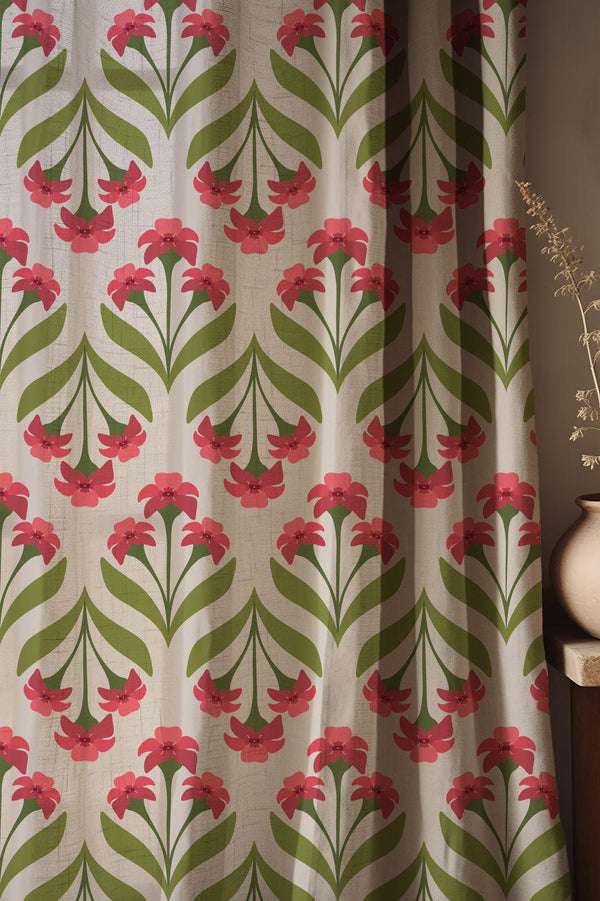 Stylized Pink Linen Curtain, Geometric Art Nouveau Design Window Panel, Custom Size
