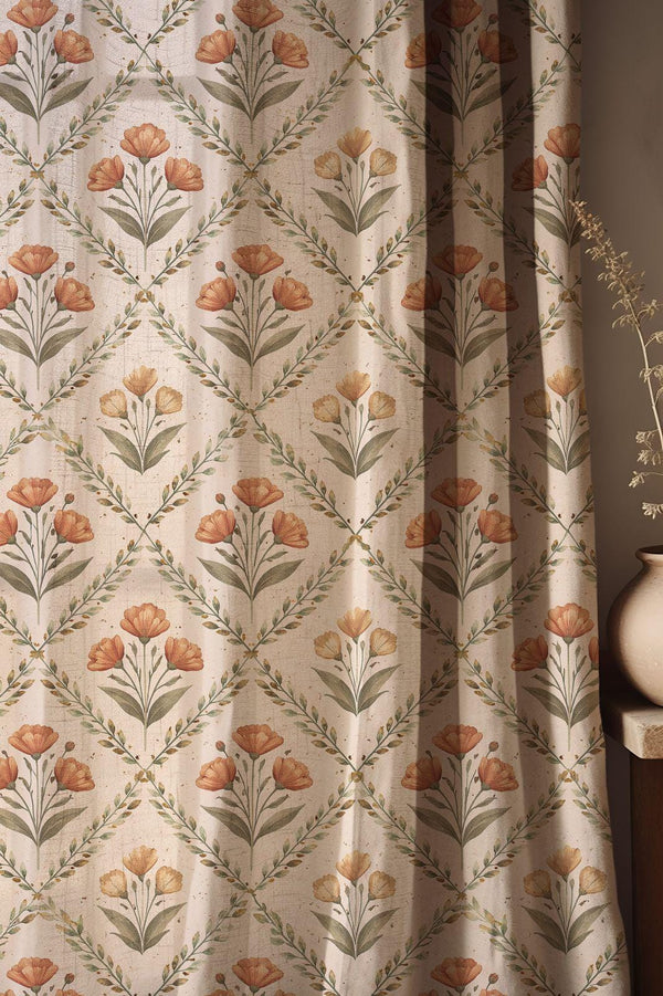 Vintage Orange Floral Trellis Linen Curtain, Geometric Vine Design Window Panel, Custom Size