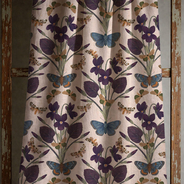 Vintage Violet And Butterfly Linen Curtain, Botanical Entomology Design Window Panel, Custom Size