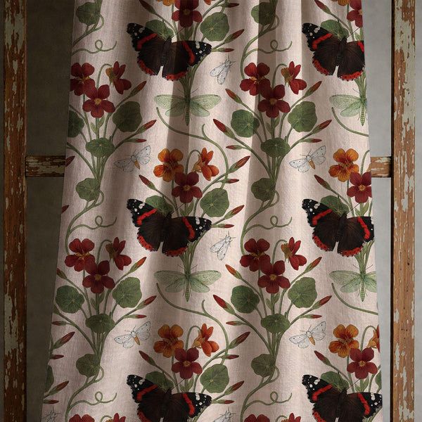 Vintage Nasturtium And Butterfly Linen Curtain, Red Botanical Design Window Panel, Custom Size