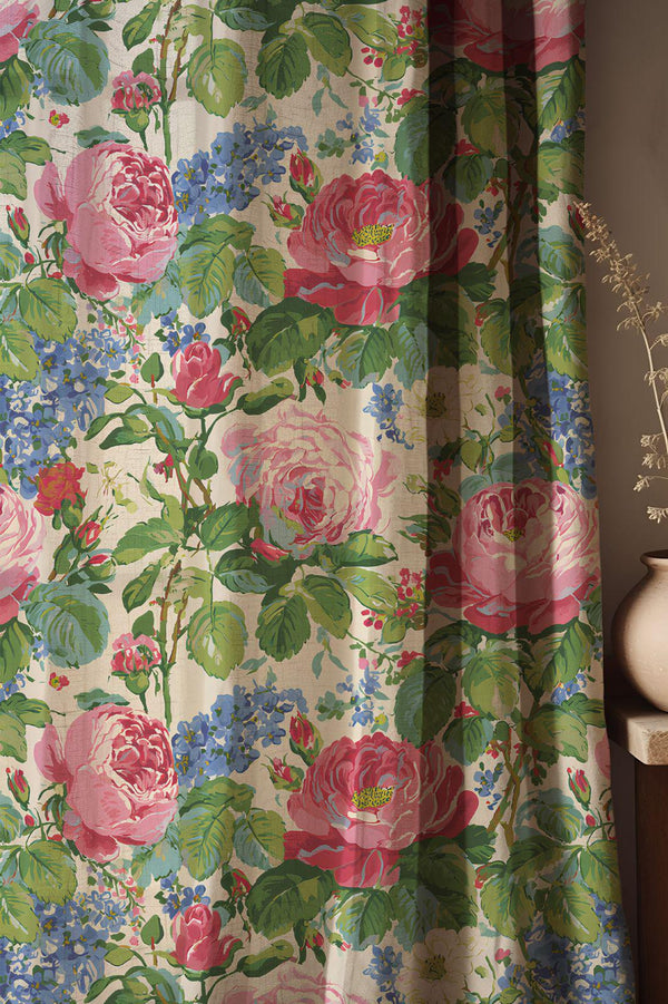 Pink Rose Linen Curtain, Cottage Garden Floral Window Panel, Custom Size