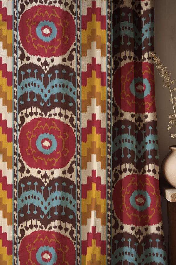 Cotton Linen Ikat Curtain, Geometric Aztec Print, Custom Size