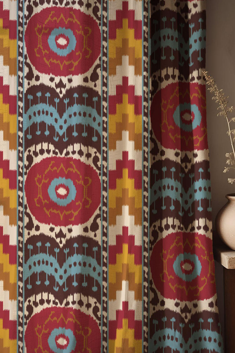 Cotton Linen Ikat Curtain, Geometric Aztec Print, Custom Size
