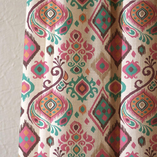 Pink and Teal Ikat Cotton Linen Curtain, Bohemian Geometric Window Panel, Custom Size