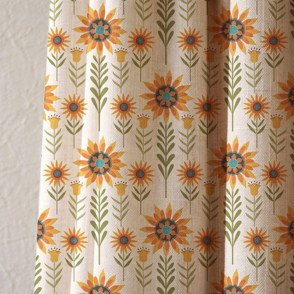 Sunflower Cotton Linen Curtain, Scandi Floral Print Window Panel, Custom Size