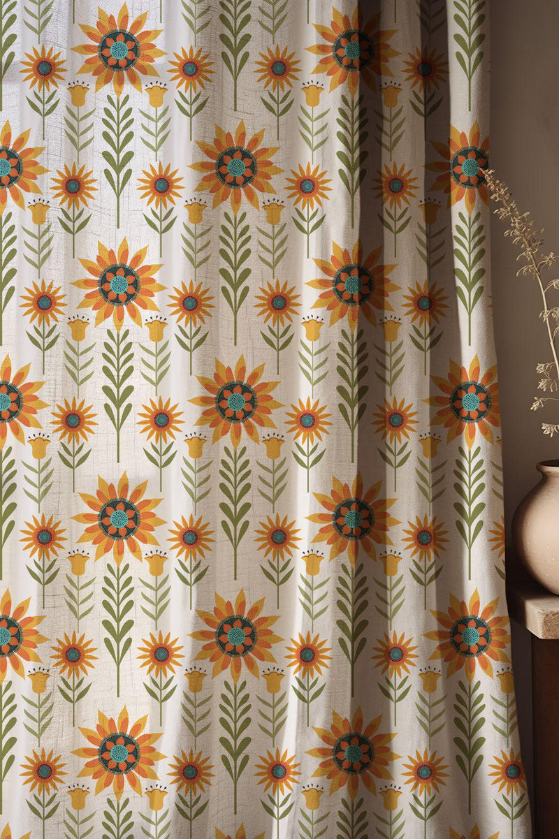 Sunflower Cotton Linen Curtain, Scandi Floral Print Window Panel, Custom Size