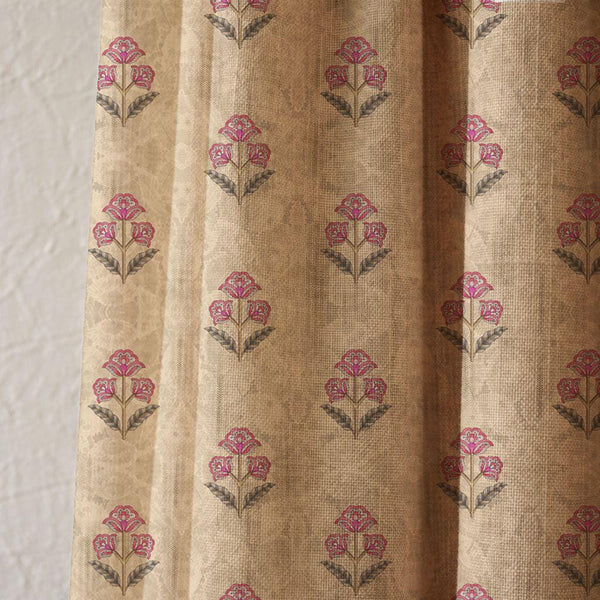 Pink Moghul Flower Linen Curtain, Vintage Indian Print, Custom Size