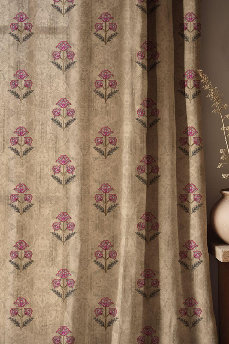 Pink Moghul Flower Linen Curtain, Vintage Indian Print, Custom Size