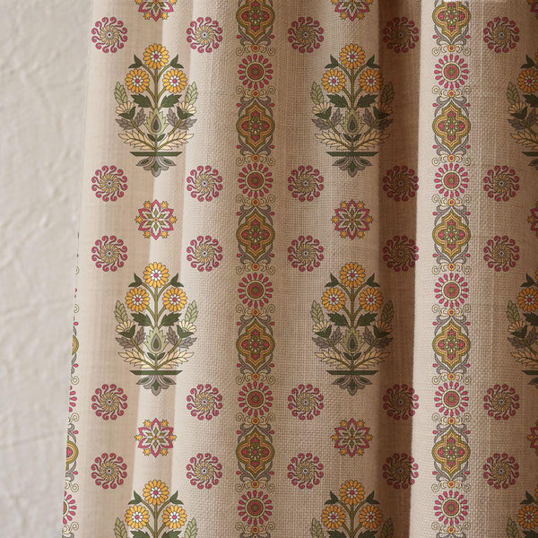 Yellow Pink Floral Linen Curtain, Vintage Indian Print, Custom Size