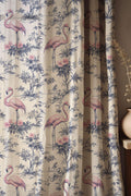 Pink Flamingo Toile Linen Curtain, Blue And White Tropical Window Panel, Custom Size - Image 1