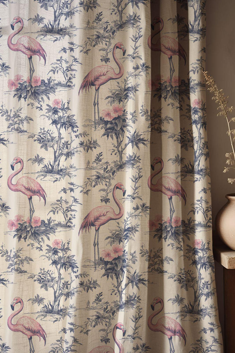 Pink Flamingo Toile Linen Curtain, Blue And White Tropical Window Panel, Custom Size