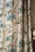 Chinoiserie Crane & Floral Linen Curtain, Oriental Bird Window Panel, Custom Size - Image 1