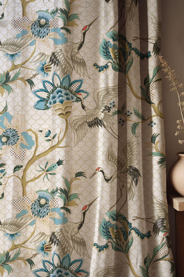 Chinoiserie Crane & Floral Linen Curtain, Oriental Bird Window Panel, Custom Size