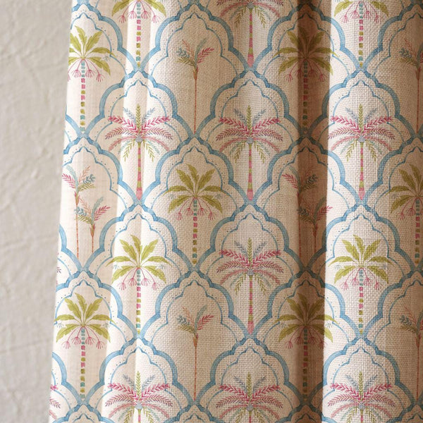 Tropical Palm Tree Linen Curtain, Blue Ogee Trellis Window Panel, Custom Size
