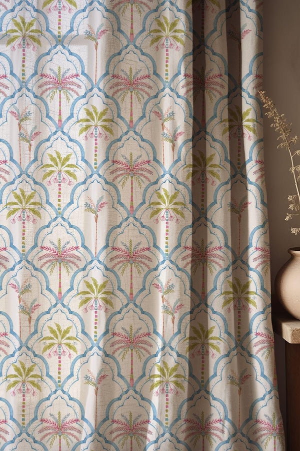 Tropical Palm Tree Linen Curtain, Blue Ogee Trellis Window Panel, Custom Size