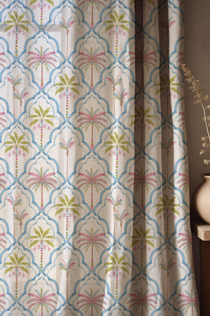 Tropical Palm Tree Linen Curtain, Blue Ogee Trellis Window Panel, Custom Size
