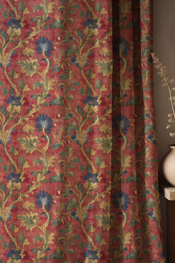 Red Floral Damask Linen Curtain, Arts And Crafts Style Window Panel, Custom Size