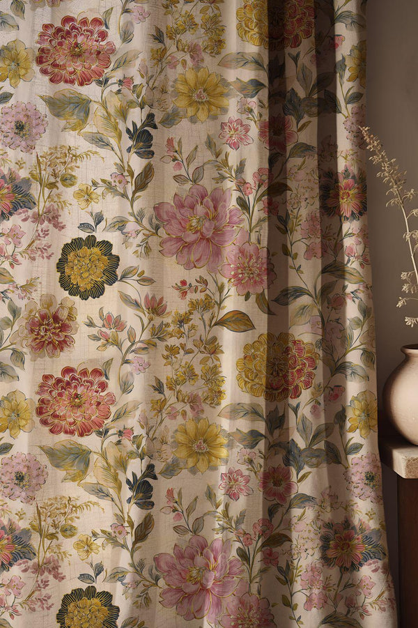 Vintage Floral Garden Linen Curtain, Pink And Yellow Botanical Design Window Panel, Custom Size
