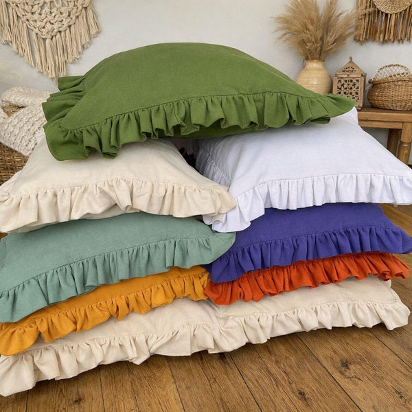 Solid Color Ruffle Pillow Cover, Cotton Linen Modern Minimal Throw Pillow Cases