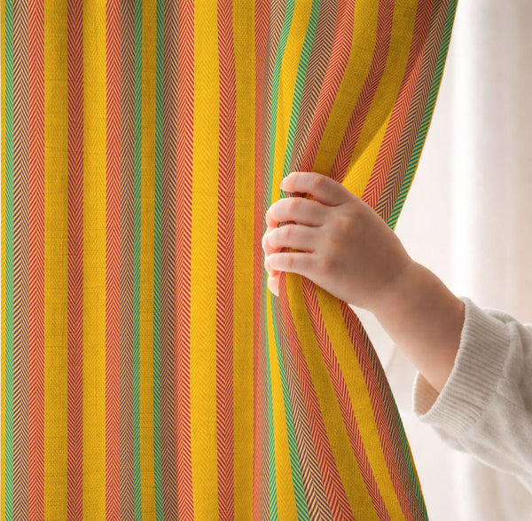 Retro Vertical Stripe Linen Curtain, Colorful Herringbone Design Print Drapes, Geometric Linen Drape