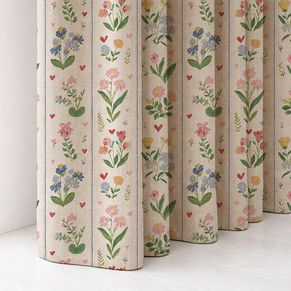 Watercolor Floral Linen Curtain, Vintage Vertical Stripe Print Drapes, Nursery Linen Drape