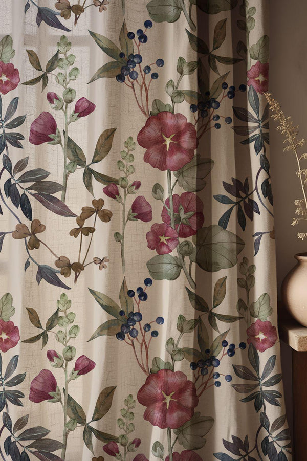 Vintage Botanical Berry Linen Curtain, Maroon Flower Design Window Panel, Custom Size