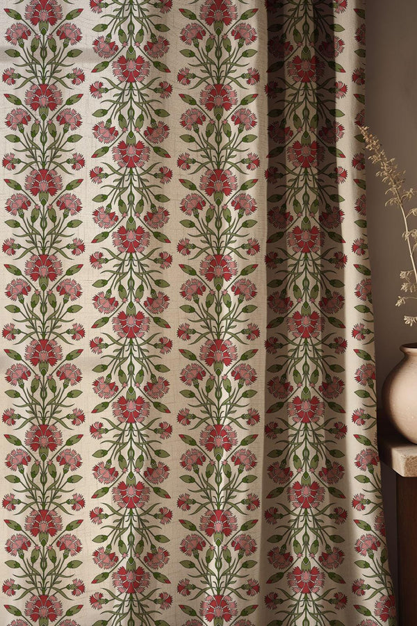 Ottoman Carnation Linen Curtain, Traditional Floral Vine Design Window Panel, Custom Size