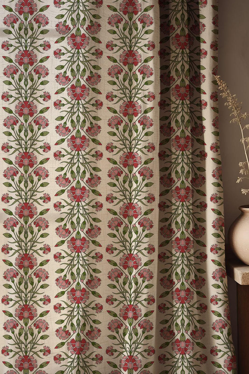 Ottoman Carnation Linen Curtain, Traditional Floral Vine Design Window Panel, Custom Size