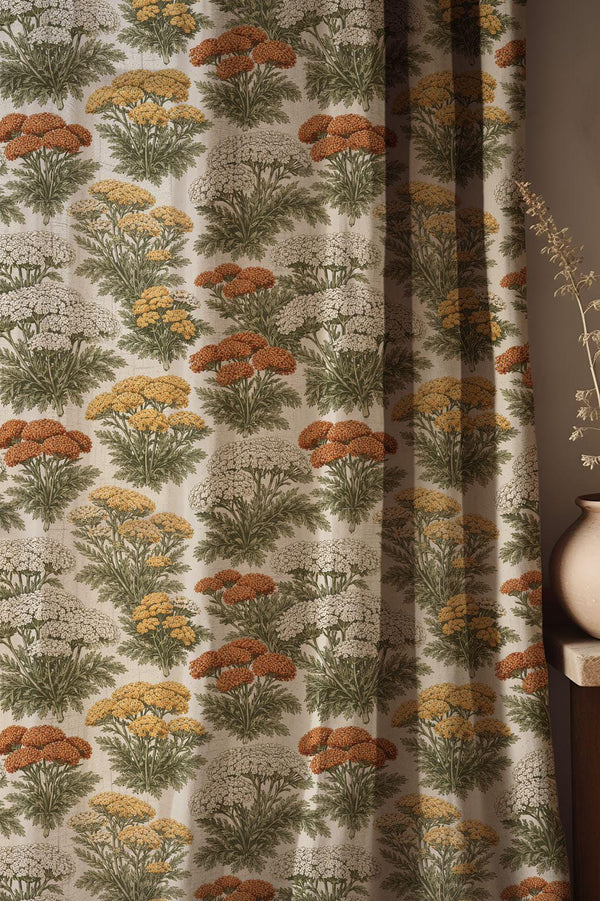 Vintage Wildflower Linen Curtain, Rust And Yellow Herb Design Window Panel, Custom Size