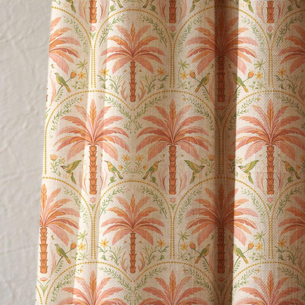Coral Tropical Palm Linen Curtain, Art Deco Bird Design Window Panel, Custom Size