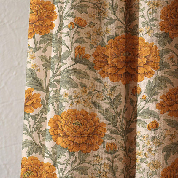 Vintage Golden Marigold Linen Curtain, Autumn Floral Design Window Panel, Custom Size