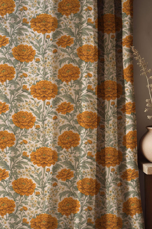 Vintage Golden Marigold Linen Curtain, Autumn Floral Design Window Panel, Custom Size