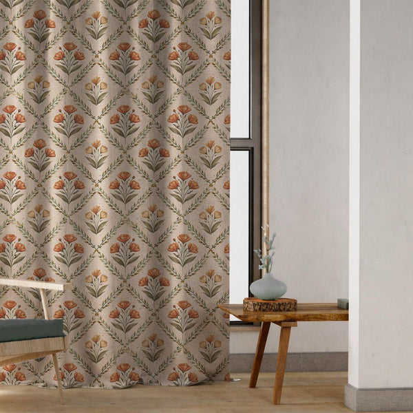 Vintage Orange Floral Trellis Linen Curtain, Geometric Vine Design Window Panel, Custom Size
