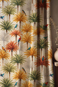 Tropical Palm Tree And Bird Linen Curtain, Exotic Botanical Design Window Panel, Custom Size - Image 1