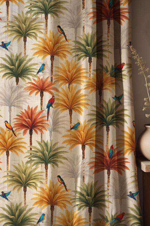 Tropical Palm Tree And Bird Linen Curtain, Exotic Botanical Design Window Panel, Custom Size
