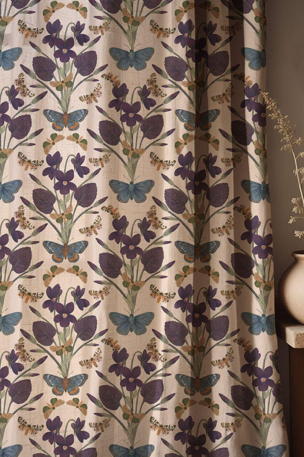 Vintage Violet And Butterfly Linen Curtain, Botanical Entomology Design Window Panel, Custom Size