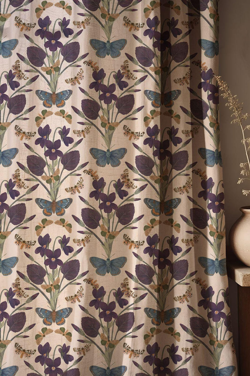 Vintage Violet And Butterfly Linen Curtain, Botanical Entomology Design Window Panel, Custom Size