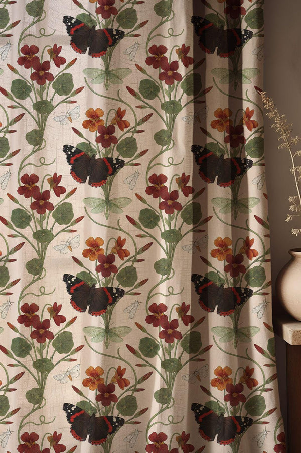 Vintage Nasturtium And Butterfly Linen Curtain, Red Botanical Design Window Panel, Custom Size